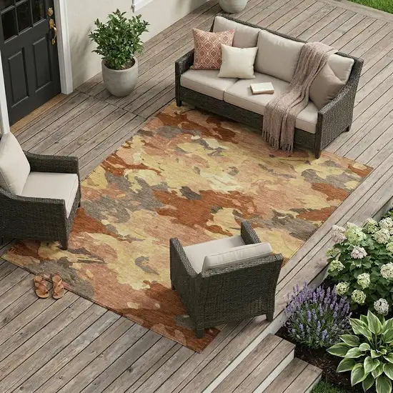 Orange And Copper Abstract Washable Indoor Outdoor Area Rug Photo 1
