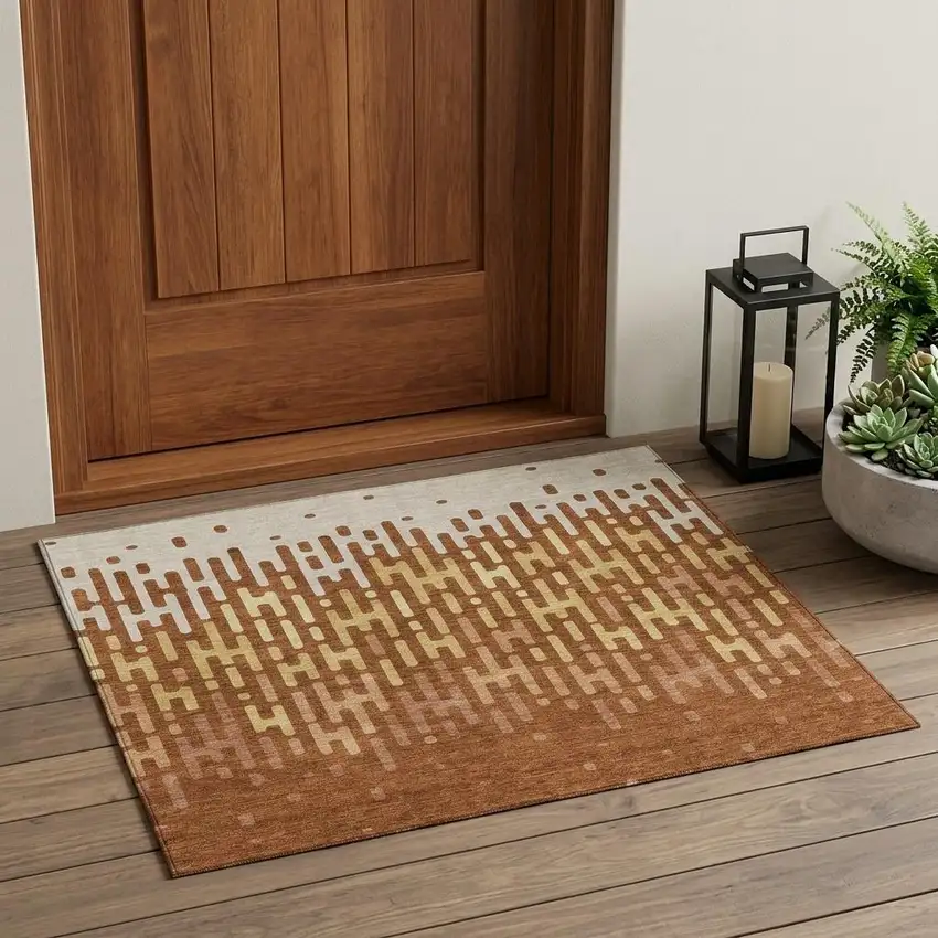 Orange And Copper Abstract Washable Indoor Outdoor Area Rug Photo 1
