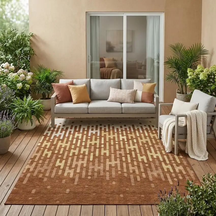Orange And Copper Abstract Washable Indoor Outdoor Area Rug Photo 1