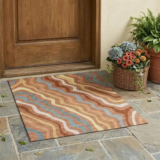 Orange And Copper Abstract Washable Indoor Outdoor Area Rug Photo 1