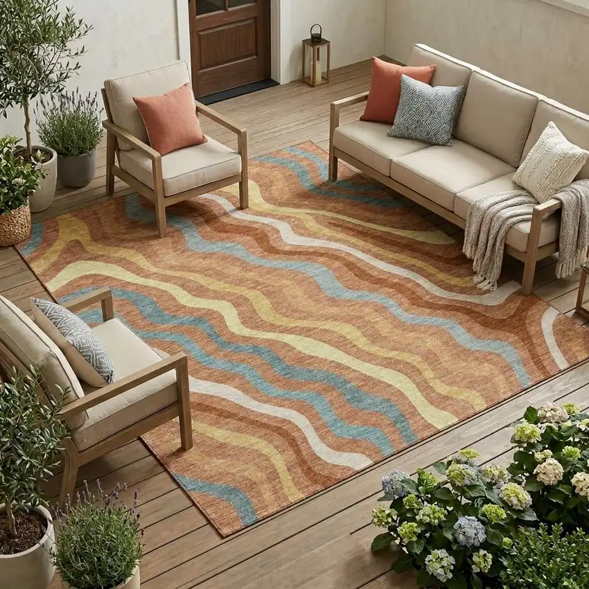 Orange And Copper Abstract Washable Indoor Outdoor Area Rug Photo 1