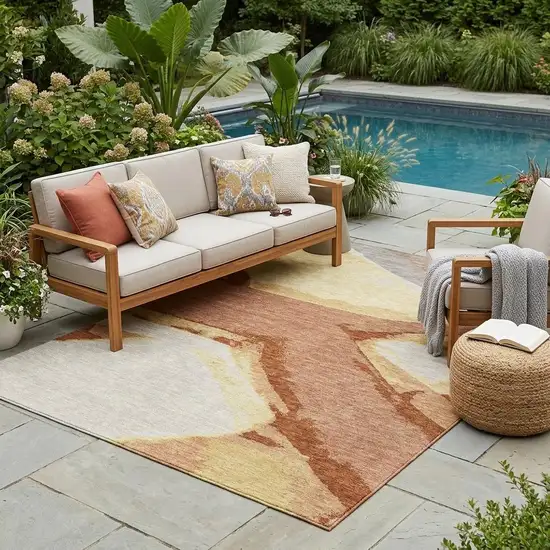 Orange And Copper Abstract Washable Indoor Outdoor Area Rug Photo 1
