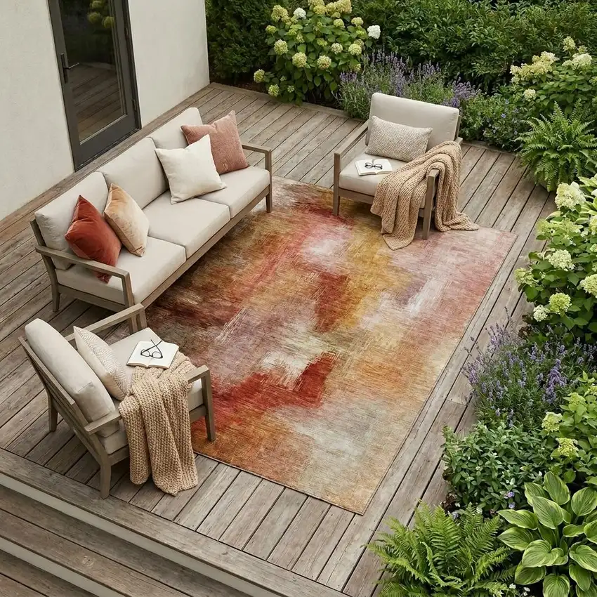 Orange And Copper Abstract Washable Indoor Outdoor Area Rug Photo 1