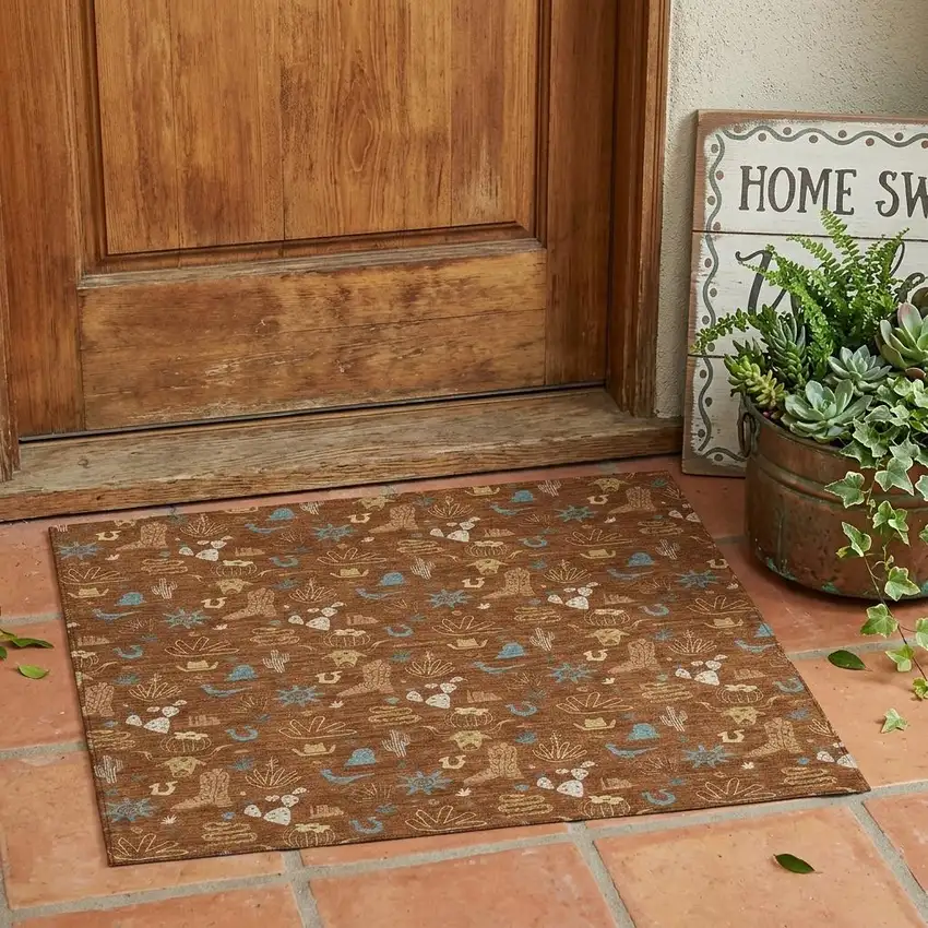 Orange And Copper Cactus Washable Indoor Outdoor Area Rug Photo 1