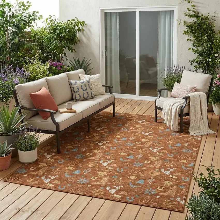 Orange And Copper Cactus Washable Indoor Outdoor Area Rug Photo 1