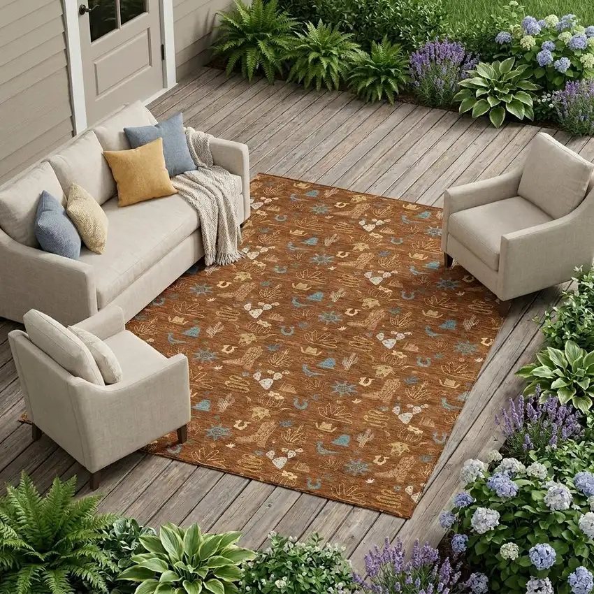 Orange And Copper Cactus Washable Indoor Outdoor Area Rug Photo 1