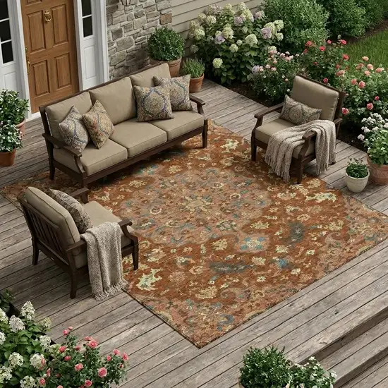 Orange And Copper Floral Medallion Washable Indoor Outdoor Area Rug Photo 1