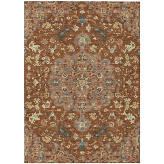 Orange And Copper Floral Medallion Washable Indoor Outdoor Area Rug Photo 2