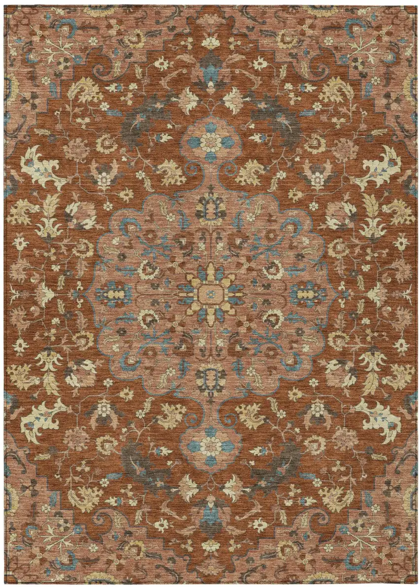 Orange And Copper Floral Medallion Washable Indoor Outdoor Area Rug Photo 2