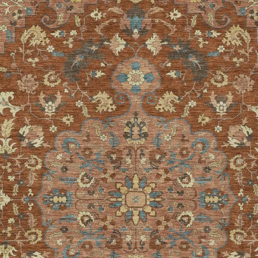 Orange And Copper Floral Medallion Washable Indoor Outdoor Area Rug Photo 3