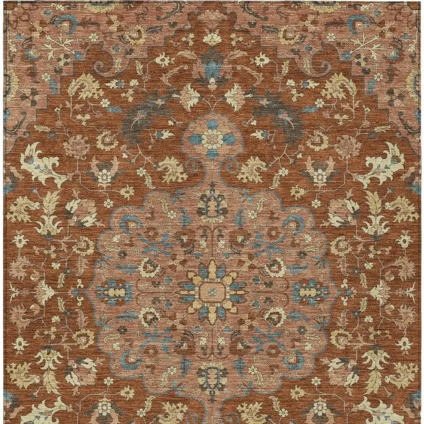 Orange And Copper Floral Medallion Washable Indoor Outdoor Area Rug Photo 4