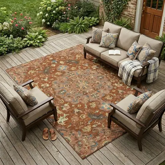 Orange And Copper Floral Medallion Washable Indoor Outdoor Area Rug Photo 1