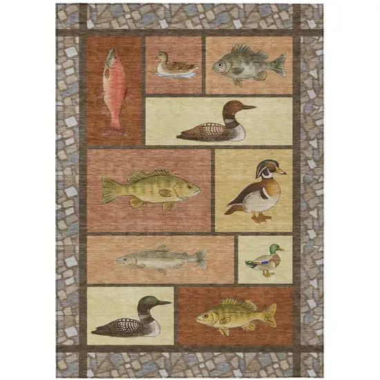Orange And Copper Floral Medallion Washable Indoor Outdoor Area Rug Photo 1