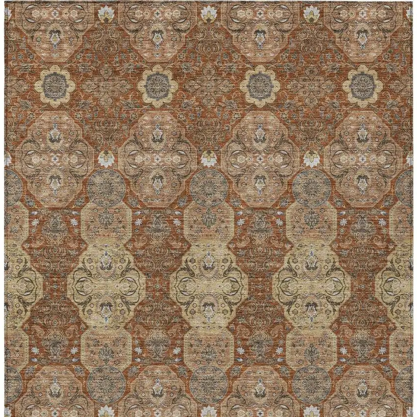 Orange And Copper Floral Washable Indoor Outdoor Area Rug Photo 4