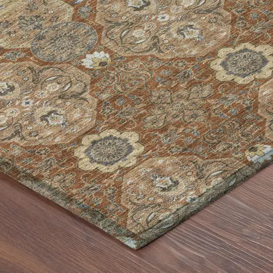 Orange And Copper Floral Washable Indoor Outdoor Area Rug Photo 5