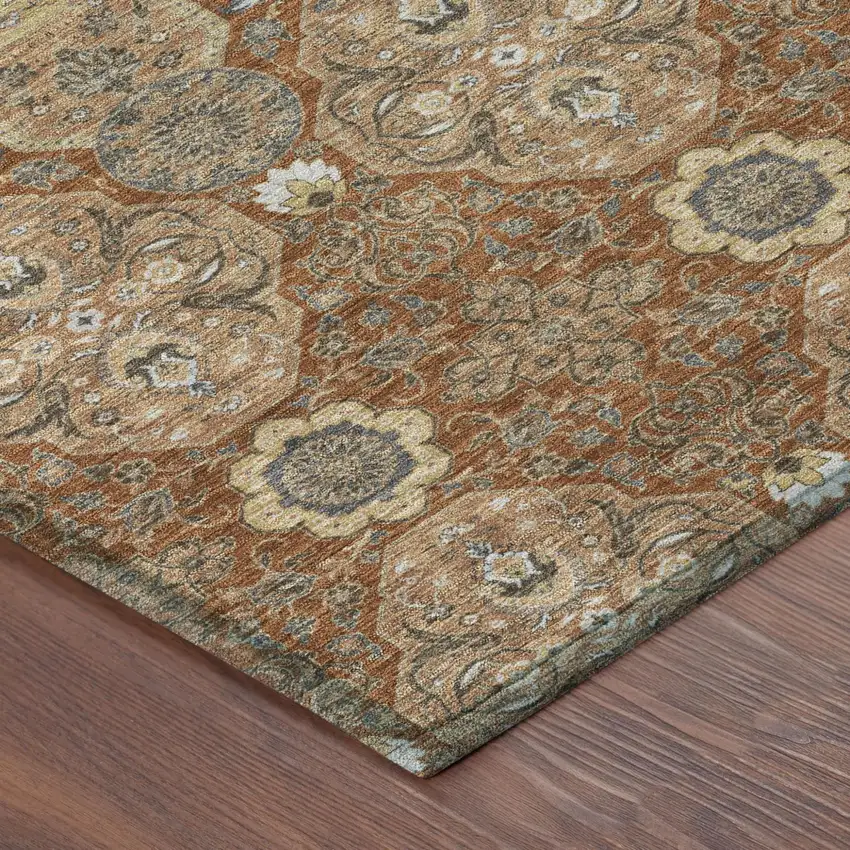Orange And Copper Floral Washable Indoor Outdoor Area Rug Photo 5