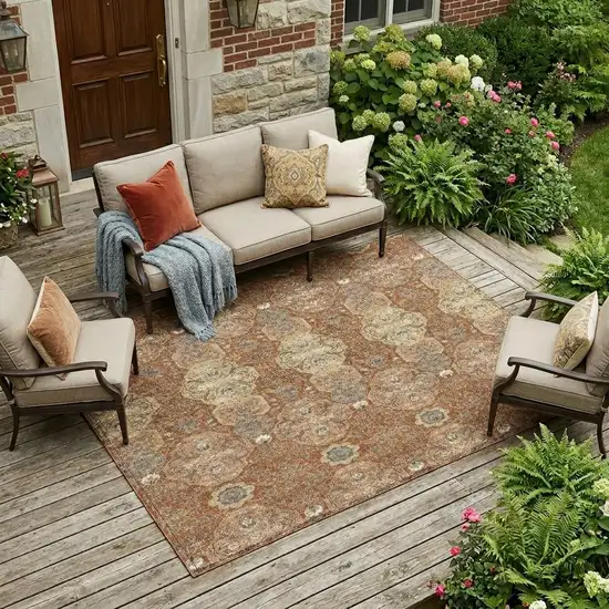 Orange And Copper Floral Washable Indoor Outdoor Area Rug Photo 1