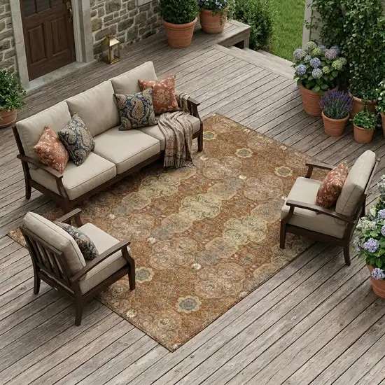 Orange And Copper Floral Washable Indoor Outdoor Area Rug Photo 1