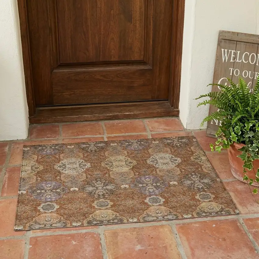 Orange And Copper Floral Washable Indoor Outdoor Area Rug Photo 1