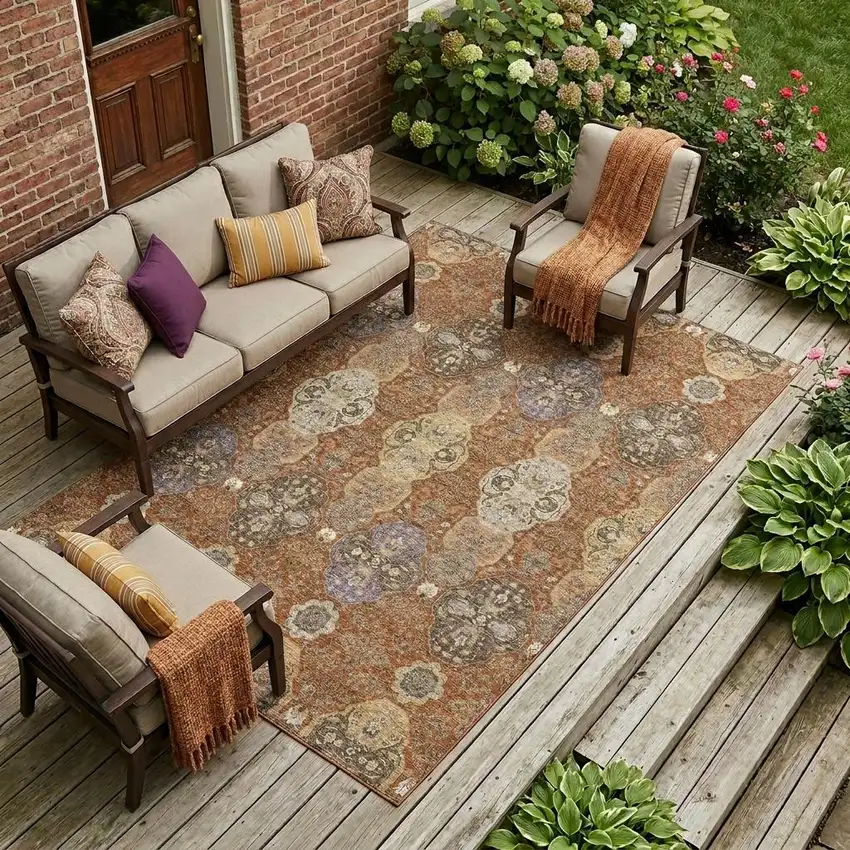 Orange And Copper Floral Washable Indoor Outdoor Area Rug Photo 1