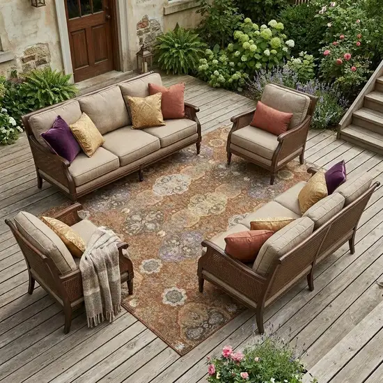 Orange And Copper Floral Washable Indoor Outdoor Area Rug Photo 1