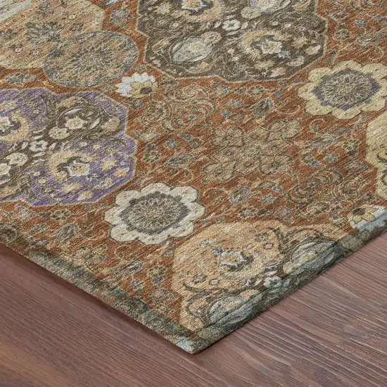 Orange And Copper Floral Washable Indoor Outdoor Area Rug Photo 5
