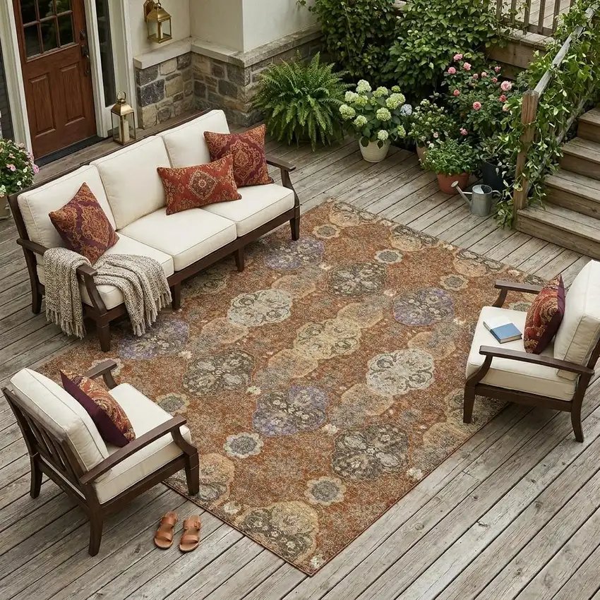 Orange And Copper Floral Washable Indoor Outdoor Area Rug Photo 1