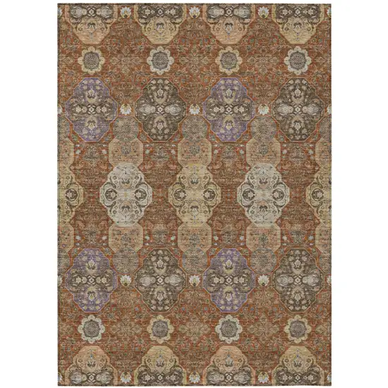 Orange And Copper Floral Washable Indoor Outdoor Area Rug Photo 2