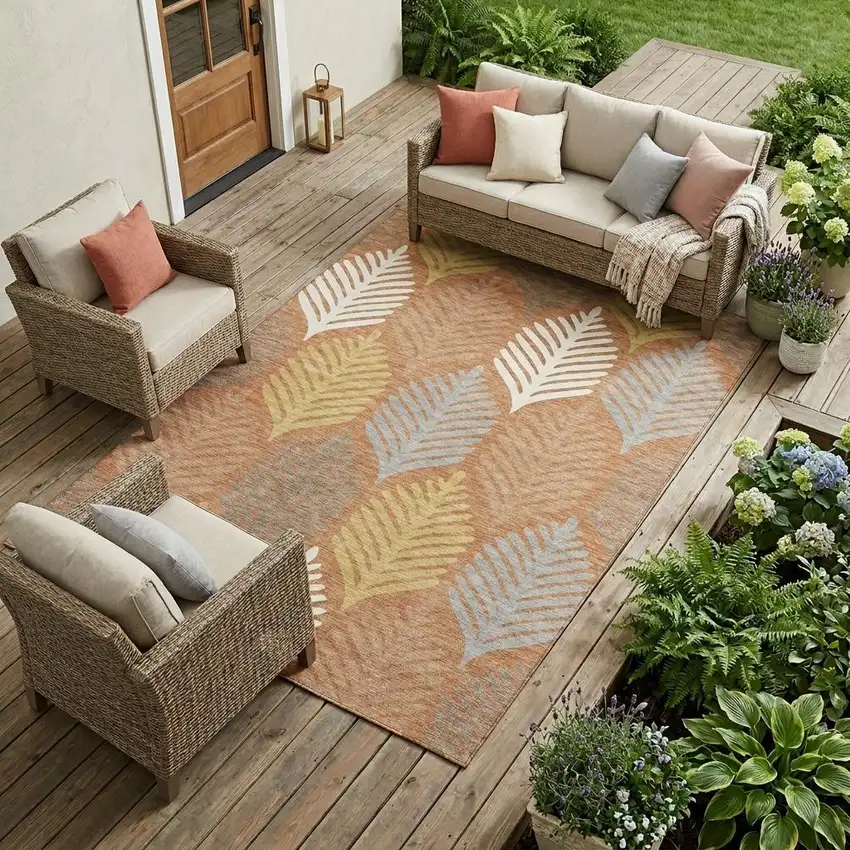 Orange And Copper Floral Washable Indoor Outdoor Area Rug Photo 1