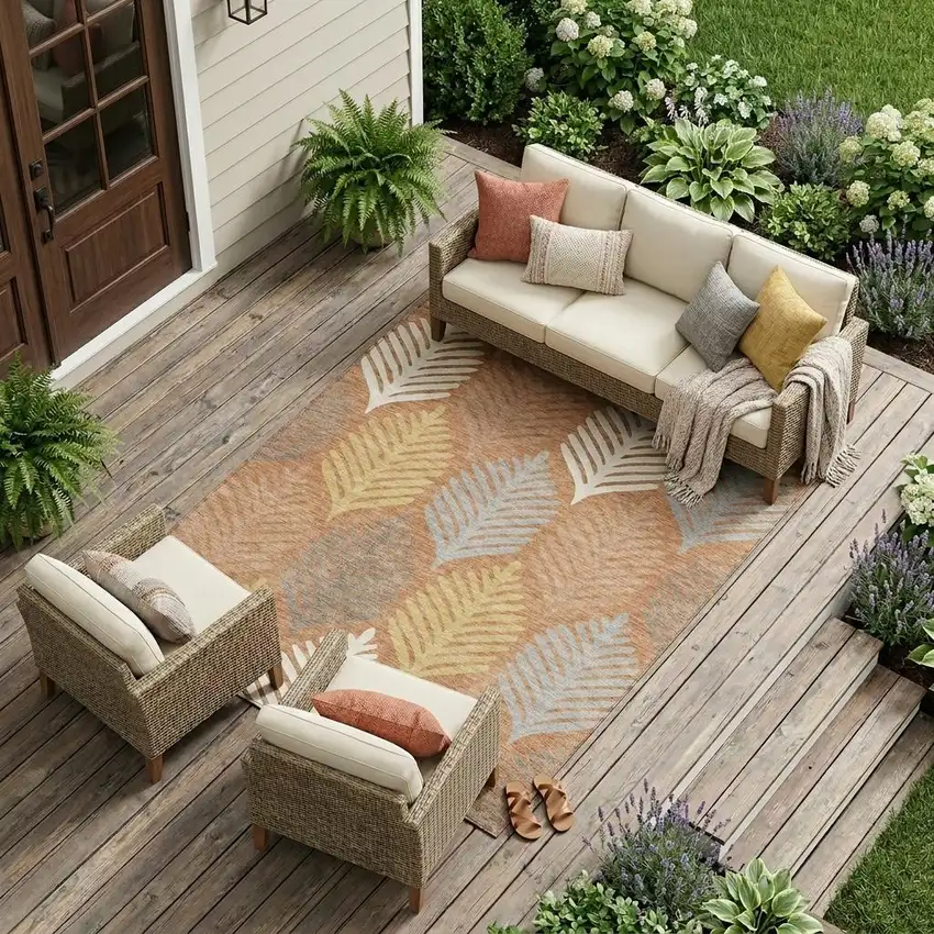Orange And Copper Floral Washable Indoor Outdoor Area Rug Photo 1