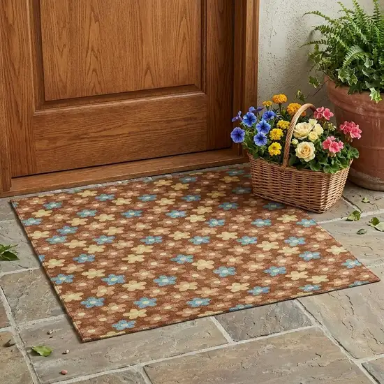 Orange And Copper Floral Washable Indoor Outdoor Area Rug Photo 1