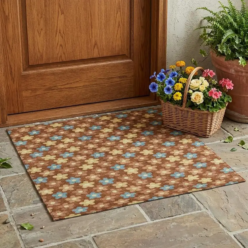 Orange And Copper Floral Washable Indoor Outdoor Area Rug Photo 1