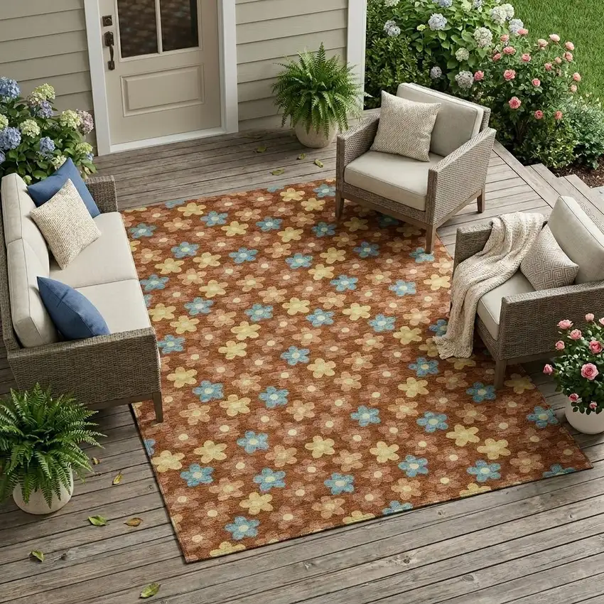 Orange And Copper Floral Washable Indoor Outdoor Area Rug Photo 1