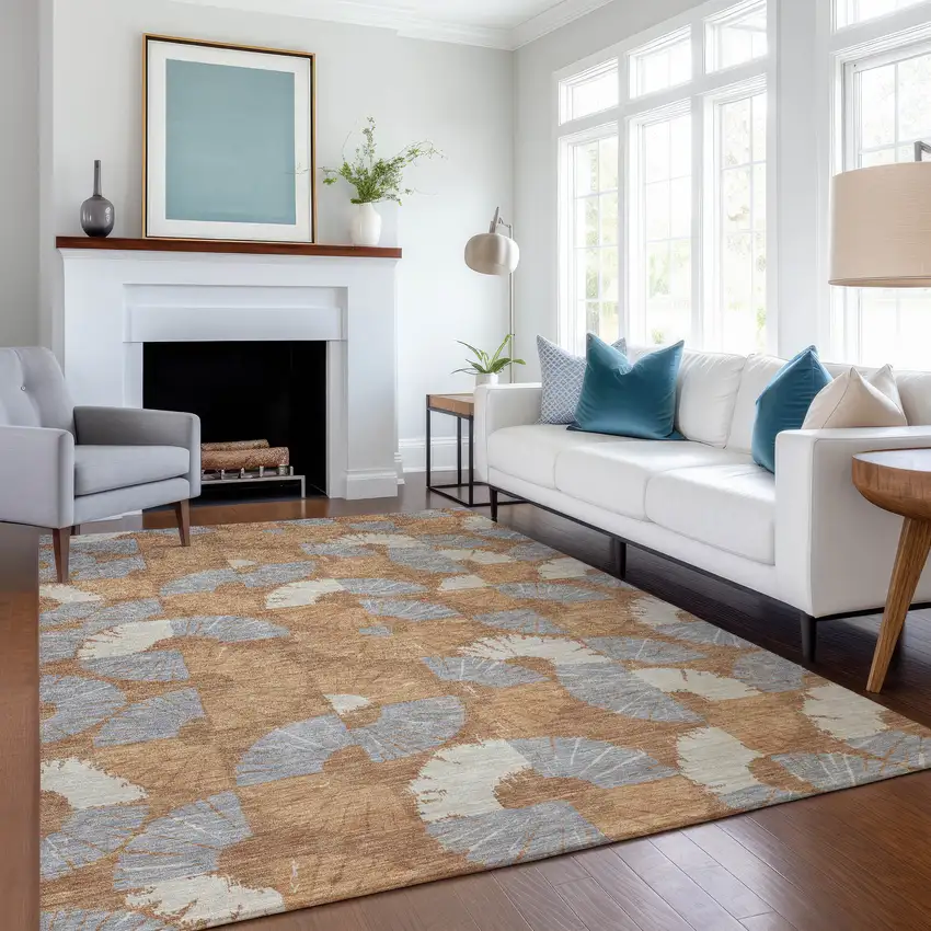 Orange And Copper Geometric Washable Indoor Outdoor Area Rug Photo 6