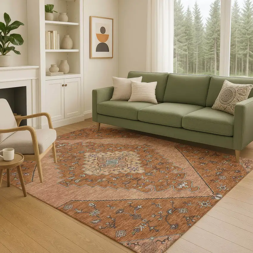 Orange And Copper Geometric Washable Indoor Outdoor Area Rug Photo 5