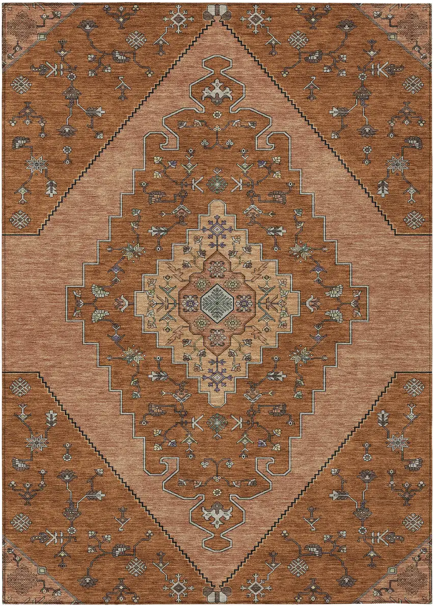 Orange And Copper Geometric Washable Indoor Outdoor Area Rug Photo 1