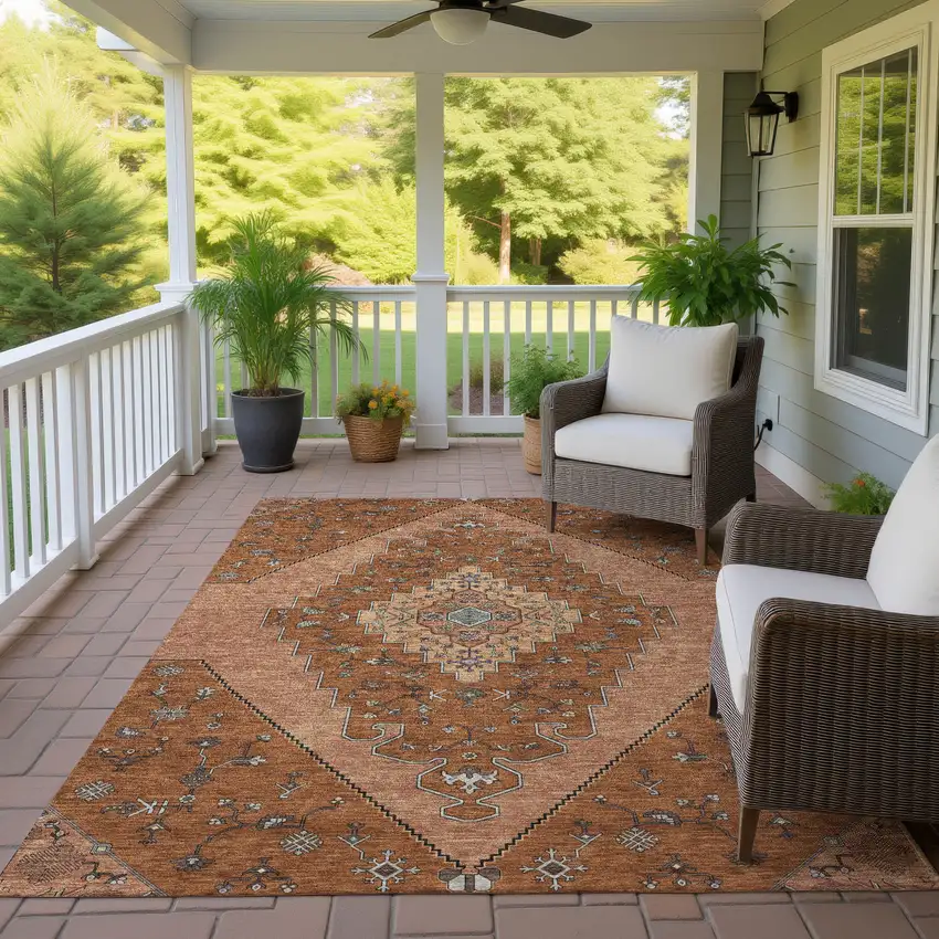 Orange And Copper Geometric Washable Indoor Outdoor Area Rug Photo 4