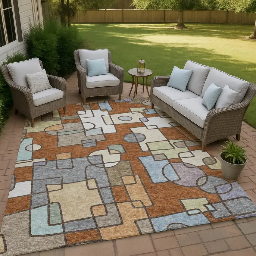 Orange And Copper Geometric Washable Indoor Outdoor Area Rug Photo 4