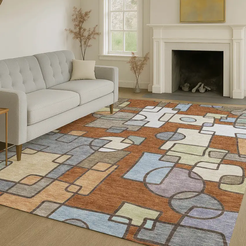 Orange And Copper Geometric Washable Indoor Outdoor Area Rug Photo 6