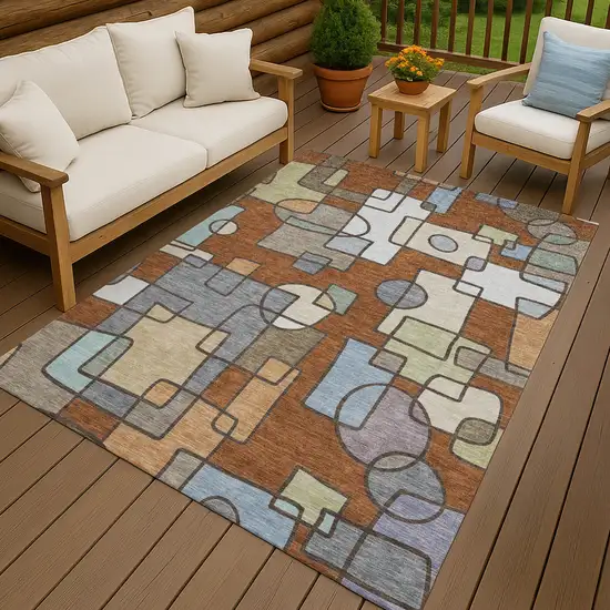 Orange And Copper Geometric Washable Indoor Outdoor Area Rug Photo 7