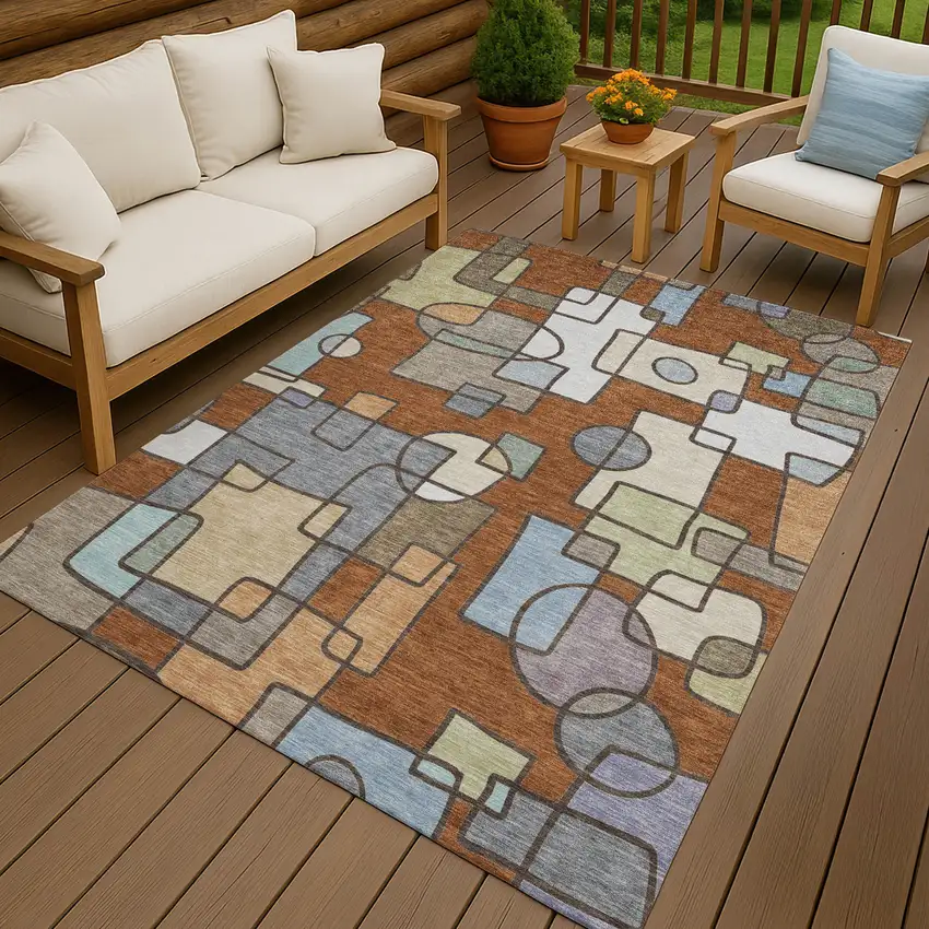 Orange And Copper Geometric Washable Indoor Outdoor Area Rug Photo 7