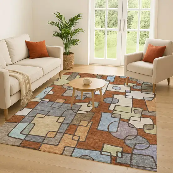 Orange And Copper Geometric Washable Indoor Outdoor Area Rug Photo 5