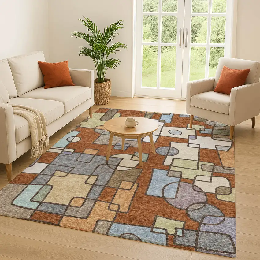 Orange And Copper Geometric Washable Indoor Outdoor Area Rug Photo 5