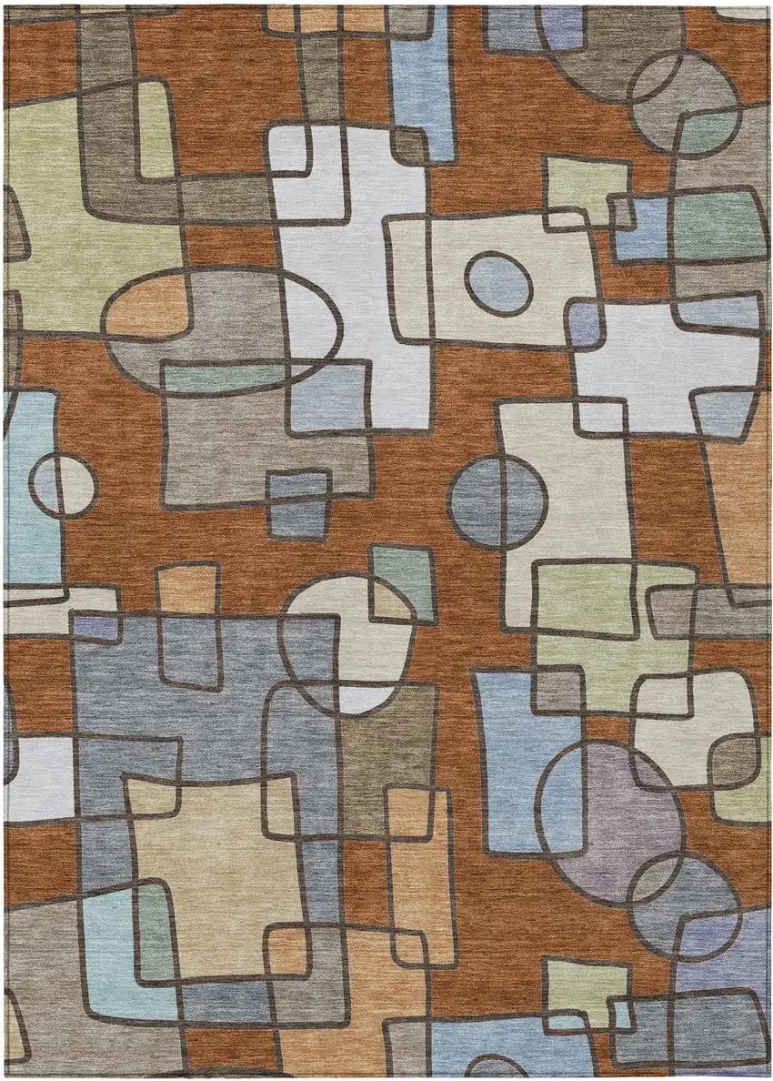 Orange And Copper Geometric Washable Indoor Outdoor Area Rug Photo 1