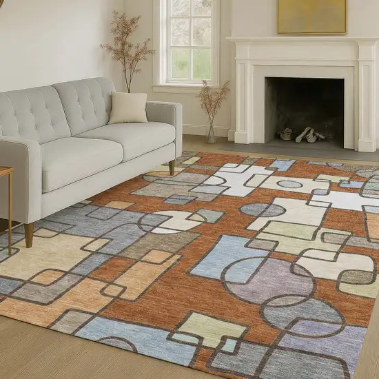 Orange And Copper Geometric Washable Indoor Outdoor Area Rug Photo 6