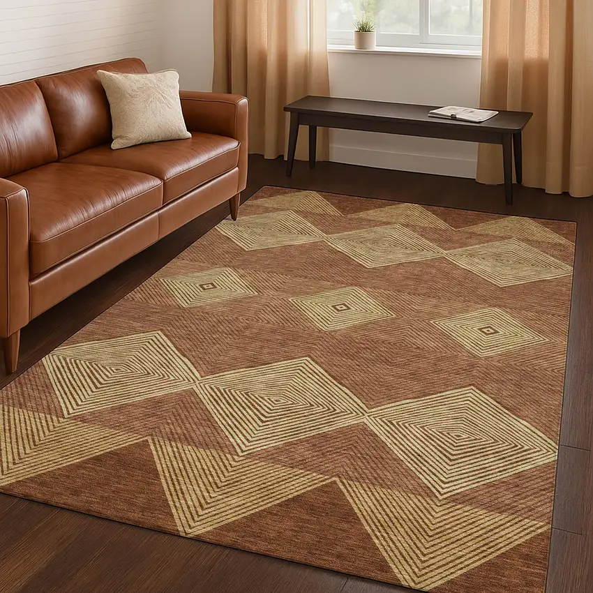 Orange And Copper Geometric Washable Indoor Outdoor Area Rug Photo 5