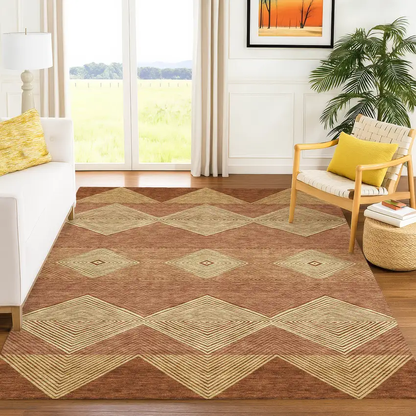Orange And Copper Geometric Washable Indoor Outdoor Area Rug Photo 6