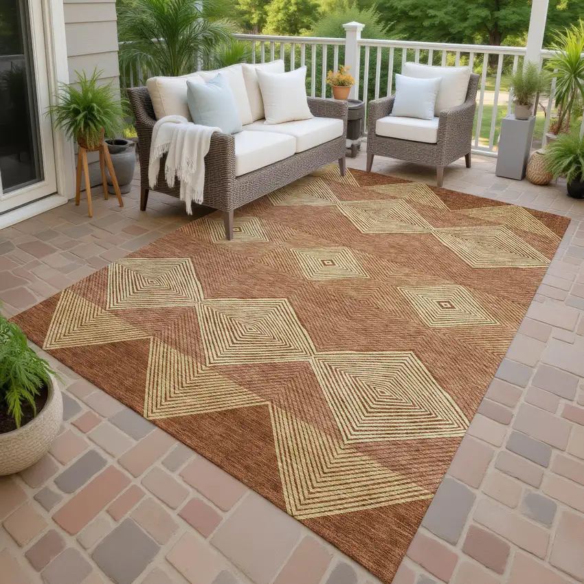 Orange And Copper Geometric Washable Indoor Outdoor Area Rug Photo 4