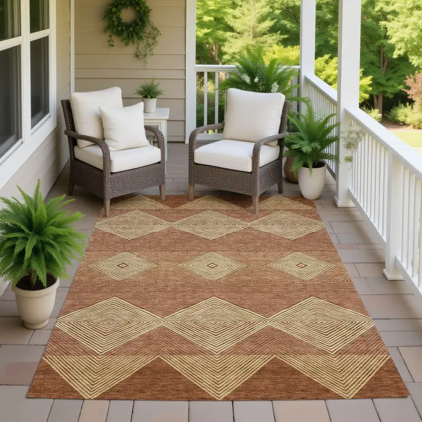 Orange And Copper Geometric Washable Indoor Outdoor Area Rug Photo 7