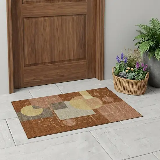 Orange And Copper Geometric Washable Indoor Outdoor Area Rug Photo 1
